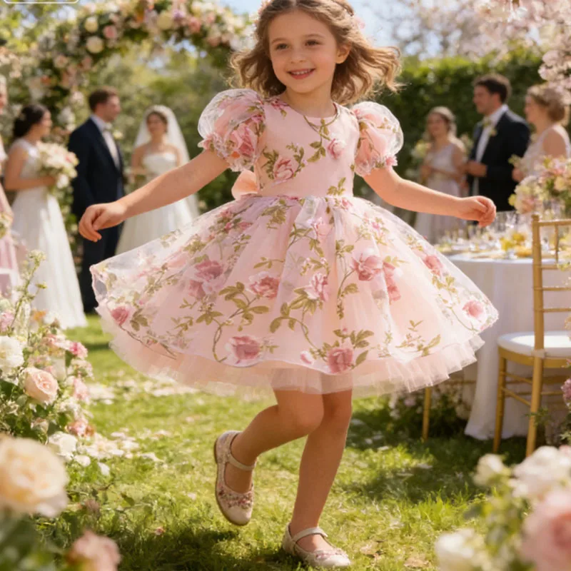 Festliches Kleid für Mädchen, elegantes Blumen-Prinzessinnenkleid mit großer Schleife, Kinderkleid, Hochzeit, Brautjungfer, Vestido, Eid, luxuriöses Festkleid