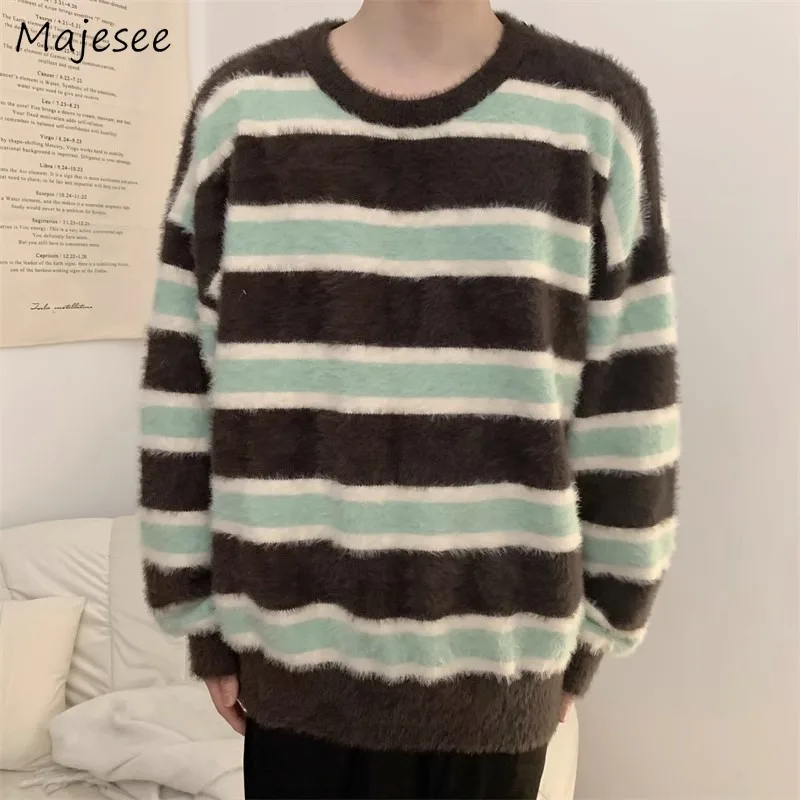 Striped Patchwork Couples Pullovers Men Winter Baggy Jumpers Knitwear Ulzzang Ins Unisex Teens Youthful Vitality Harajuku Y2k