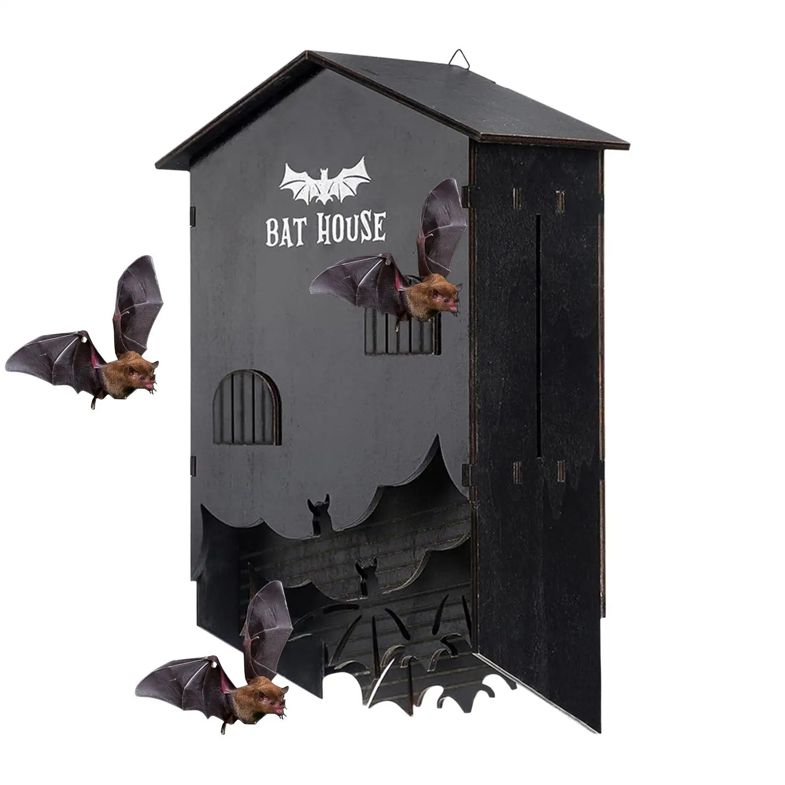 

Домики с летучей мышью на открытом воздухе, деревянное гнездо с летучей мышью, трехкамерное настенное крепление, коробка для дома на Хэллоуин, сад, дерево, заднего двора