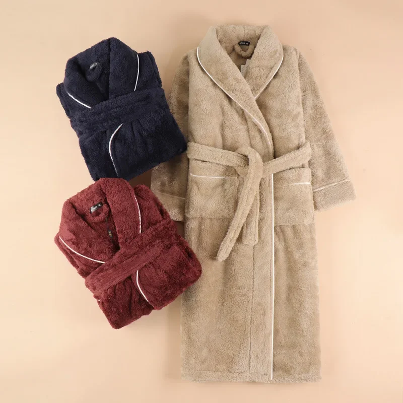 

Men Casual Kimono Bathrobe Autumn Winter Flannel Long Robe Thick Warm Sleepwear Plus Size 3XL Nightgown Male Loose Home Wear