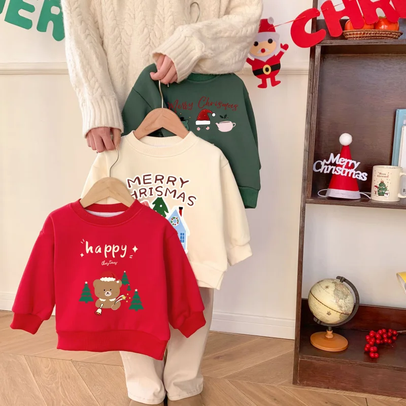 

Рождественский свитшот для мальчиков и девочек, детские теплые бархатные утепленные топы, одежда для маленьких детей, пуловер с мультяшным принтом, спортивная одежда, новинка