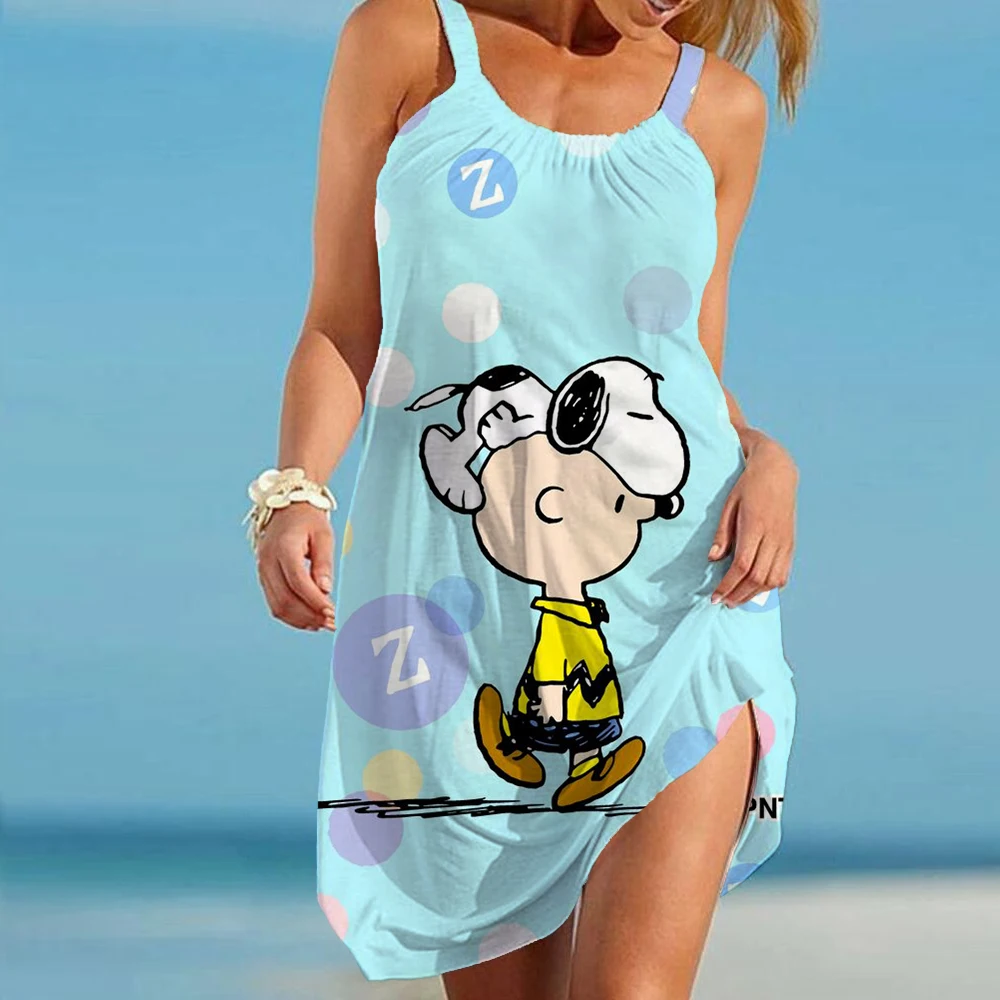 Women's Beach Dresses Kawaii Snoopy S-3XL Summer Anime Y2k 2024 Elegant Chic Dress Sling Leisure Sanrio Boho Fashion Sexy Wear