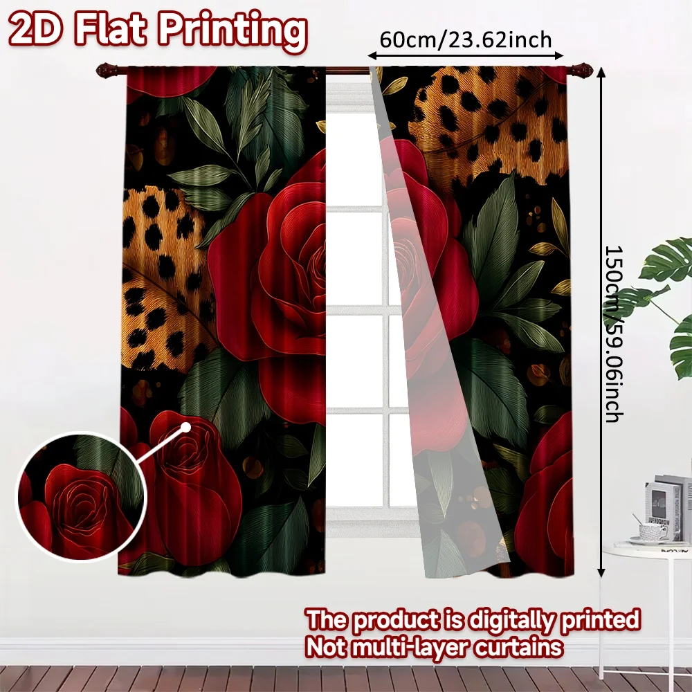 2D flat printing 2pcs Window Curtains Wild Roses and Leopard Spots Digital Printed Polyester Drapes Party Decorations for All