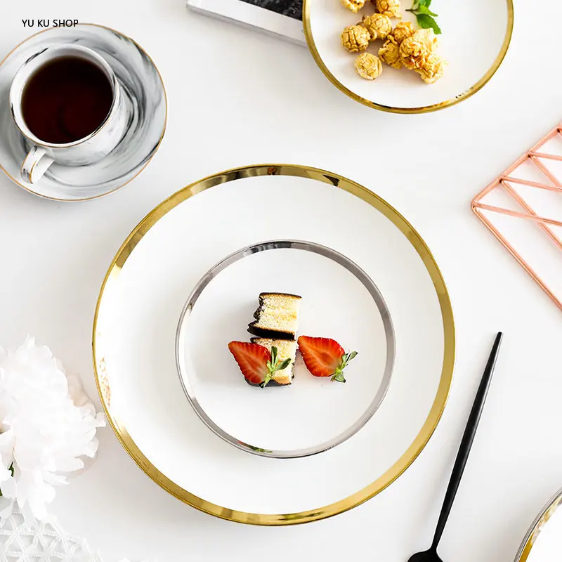 Gold Edging White Porcelain Plates Western Food Plate Ceramic Dessert Steak Dinner Plate Household Dishes Luxurious Tableware