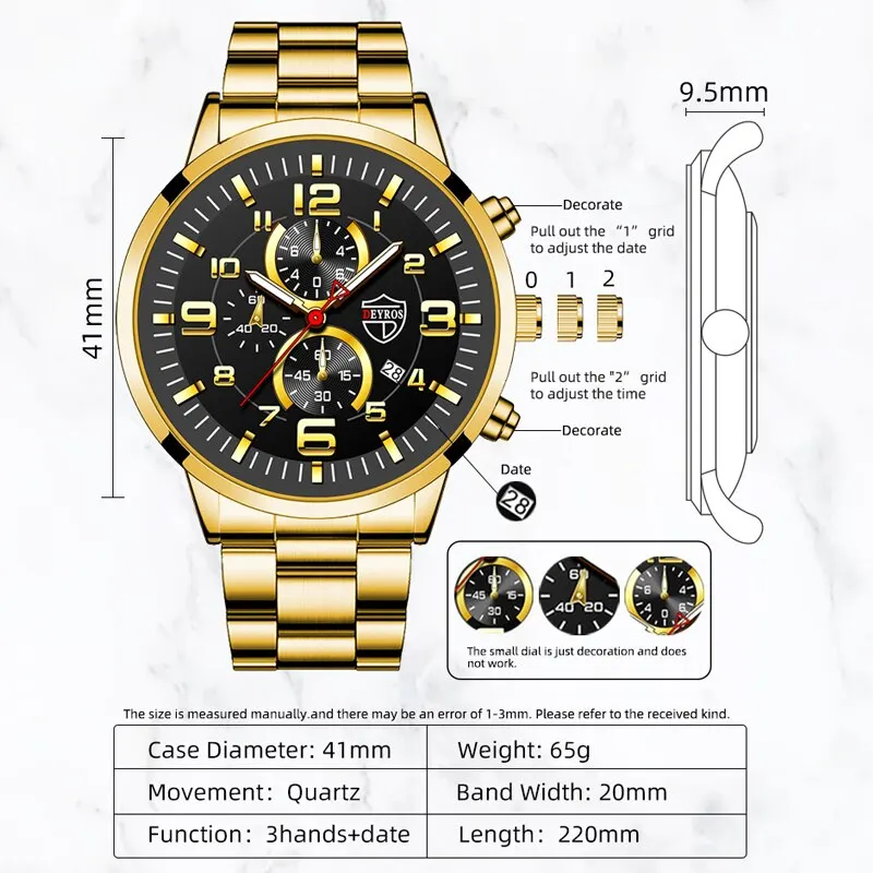 3PCS Fashion Mens Gold Necklace Bracelet Watches Set Men Business Casual Stainless Steel Quartz Watch Male Calendar Wristwatch