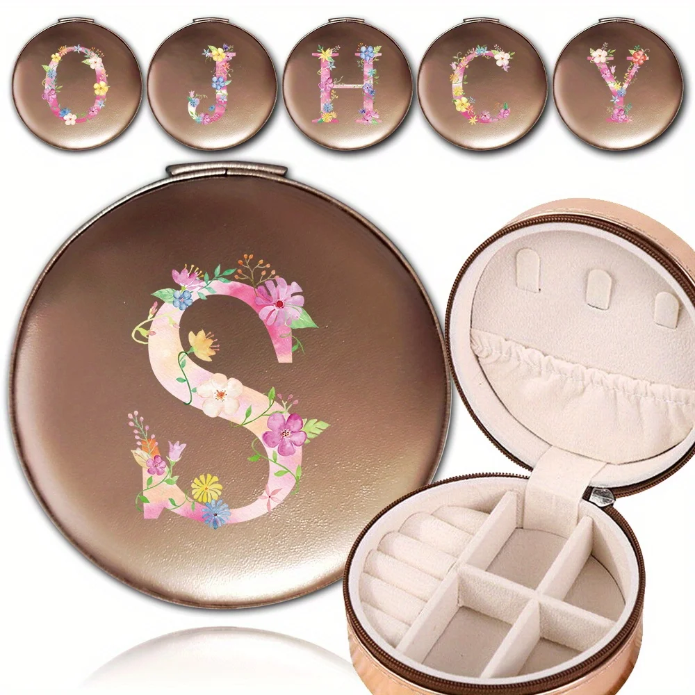 

Circular Jewelry Compartment Box Classification Organiser PU Zipper Jewellery Dust-Proof Box Ideal Gifts Pink Letter Pattern