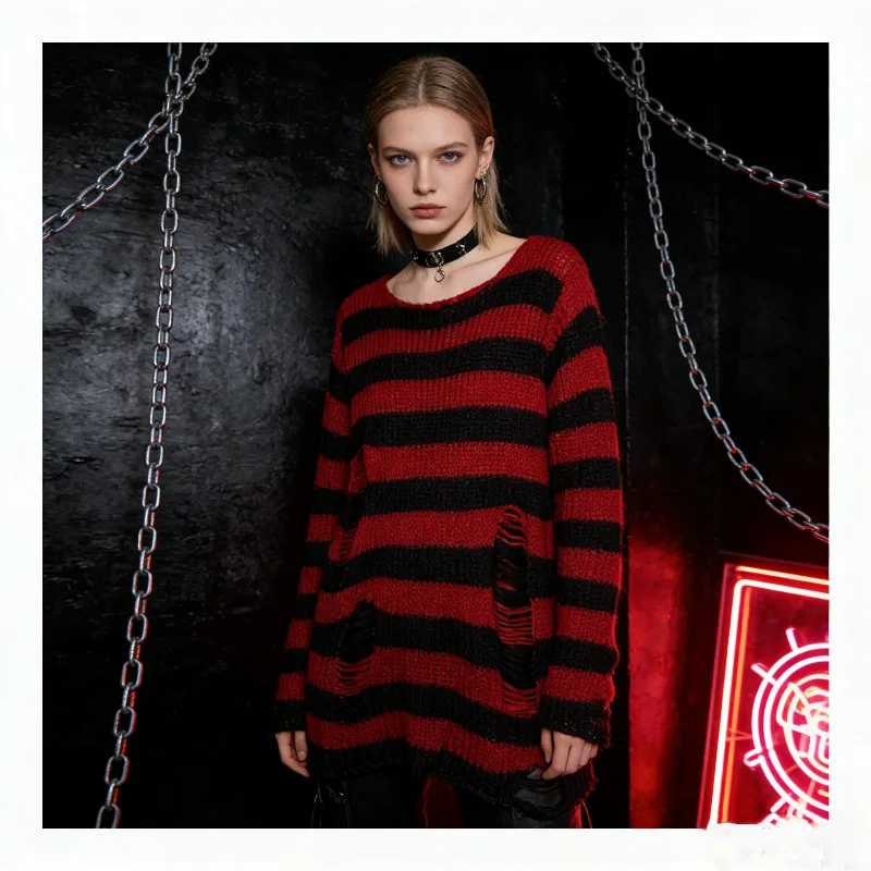 Sexy Hollow Out Striped Long Sweaters Punk Gothic Cool Hole Broken Jumpers Women Over Size Loose Rock Dark  Pullovers Sweaters