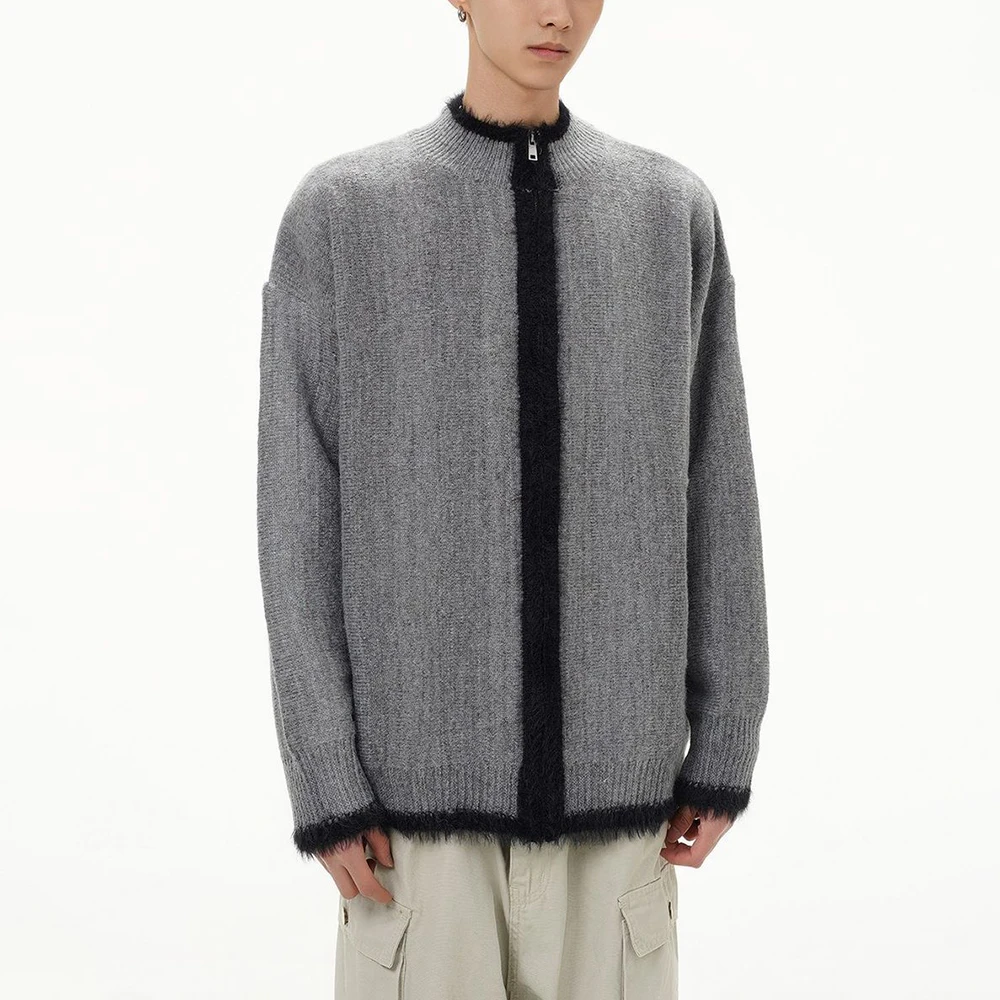 

Mens Autumn Color-Blocked Fur Collar Zipper Cardigan Knitwear Streetwear Fashion Couple Long-Sleeved Top Men'S Clothing 2025 New