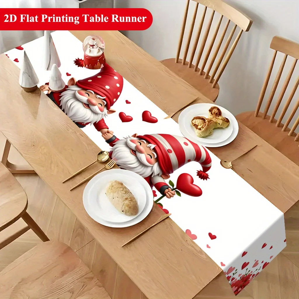 2D Flat Red Hat White Beard Cute Elf Print Table Runner Rectangular Holiday Party Decor for Kitchen Fireplace Dining Room Home T