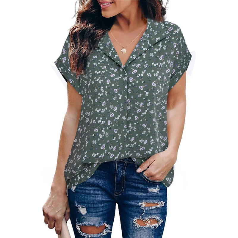 

Blouse Women's Short Sleeve Summer Tops Elegant Business Tunic Shirt Casual Blouses With Lapel Collar-A55G