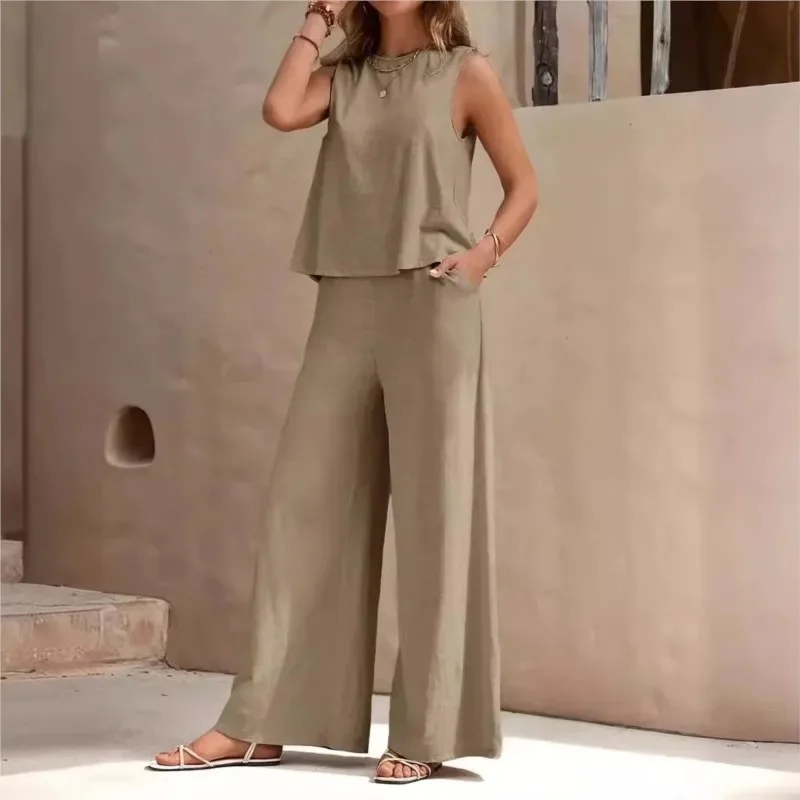 

New Women's Sleeveless Vest And Trousers Two Piece Set Fashion Solid Color Two Piece Round Neck Top Pants Suit Casual Set
