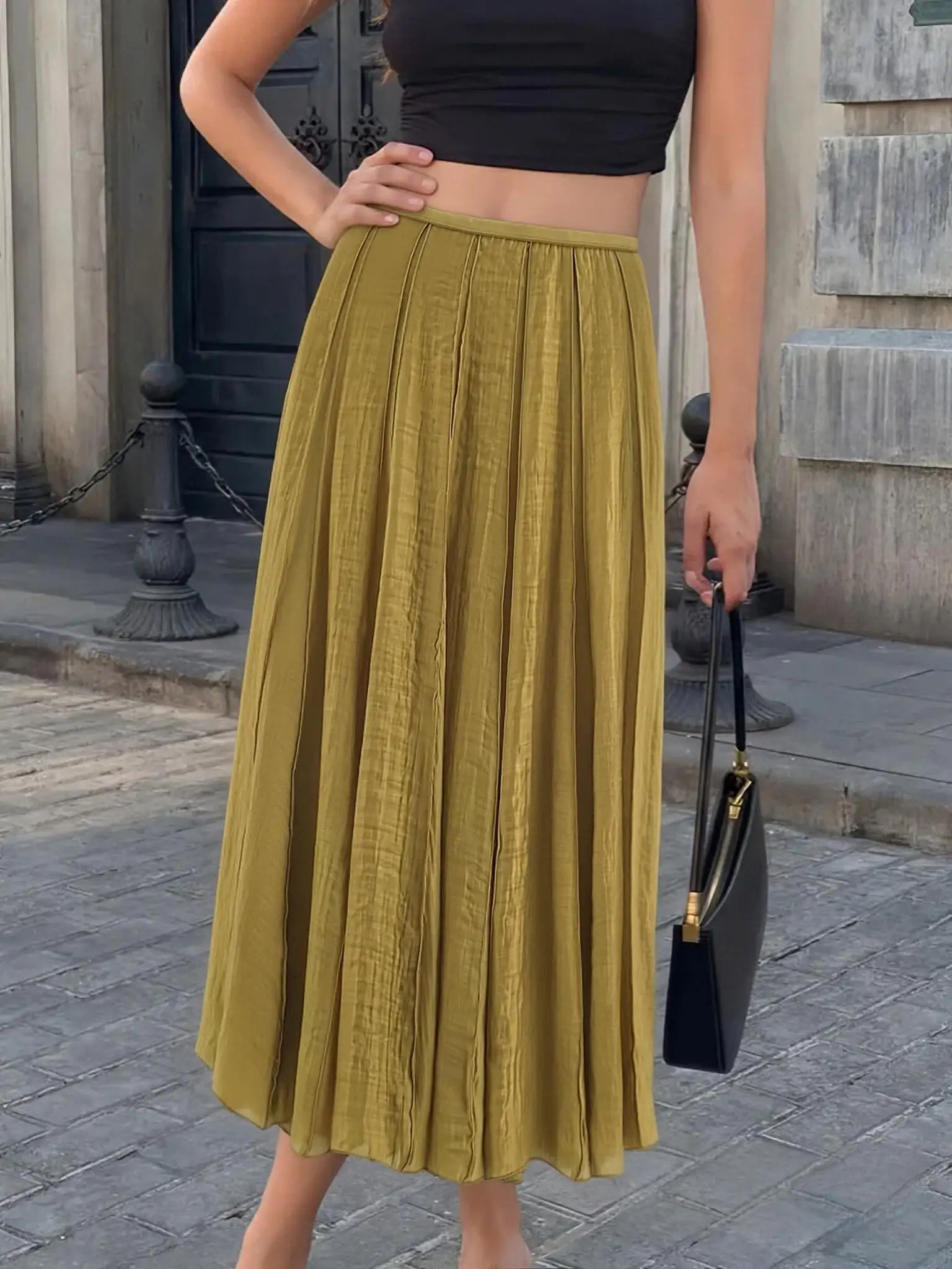 Women Brown Pleated Skirts Spring Autumn Female Elegant Elastic High Waist A-Line Long Skirts Lady Casual Beach Holiday Skirts
