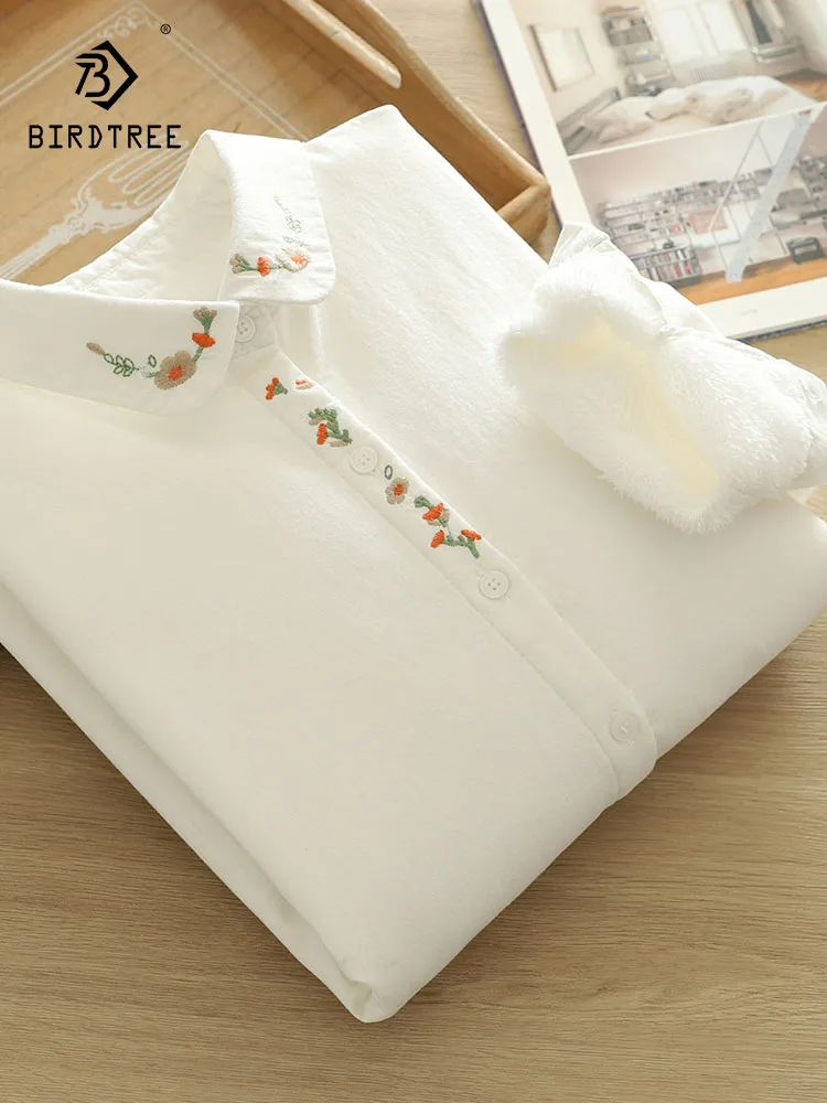 جديد 2025 الخريف قميص قطني بكم طويل الصوف ، المرأة التلبيب الأزهار التطريز ، موري فتاة مزاجه بلوزة فضفاضة دافئة T5O883CC #1