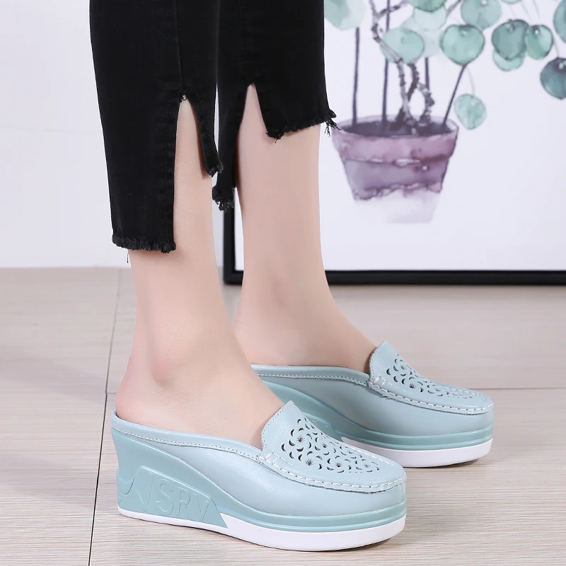 Women\'s shoes hollow single shoes leather thick soled elevating casual shoes platform shoes half drag flat waterproof platform