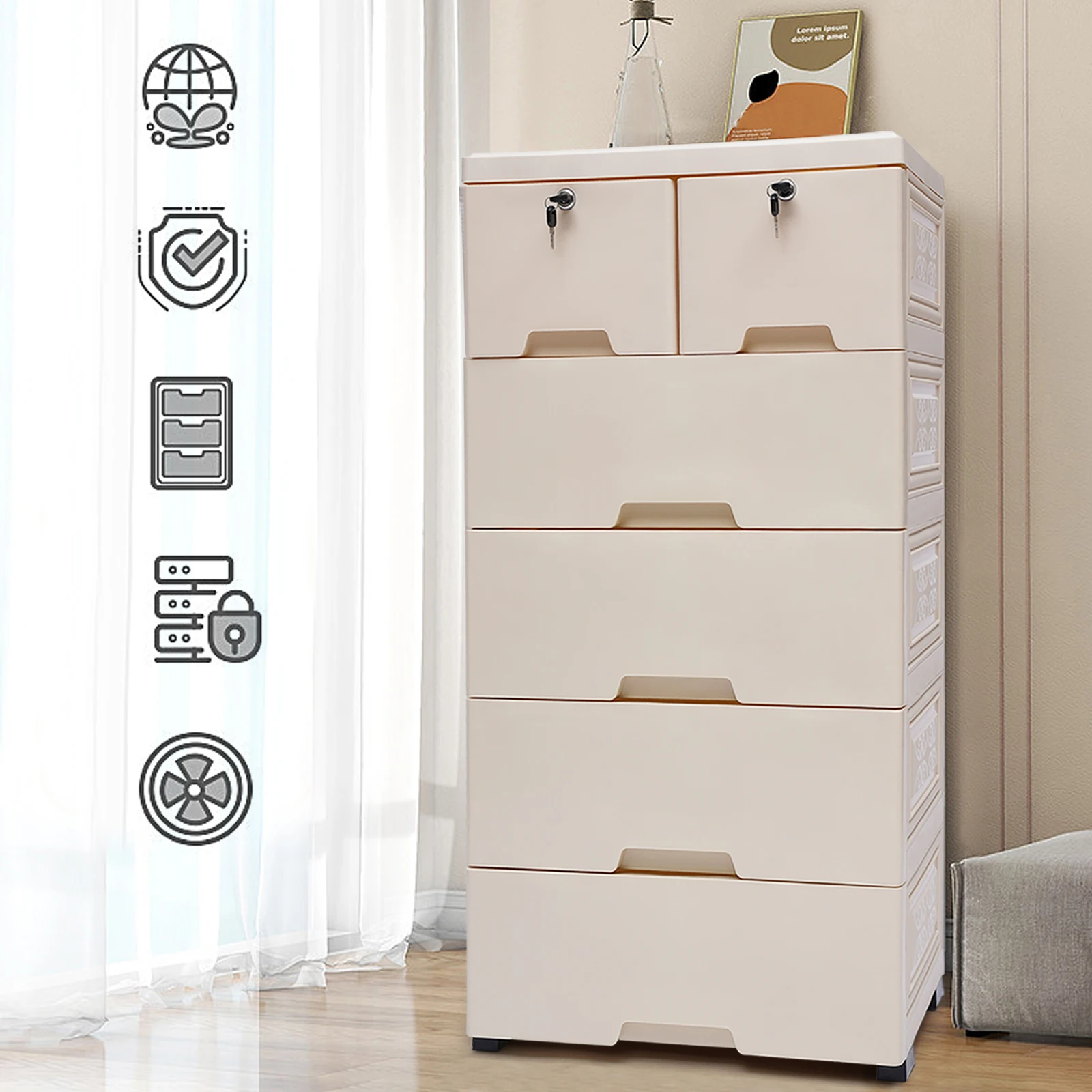 6 Drawers Storage Cabinet with Wheels Closet Drawers Tall Dresser Organizer for Clothes Playroom Bedroom Furniture 4 Keys