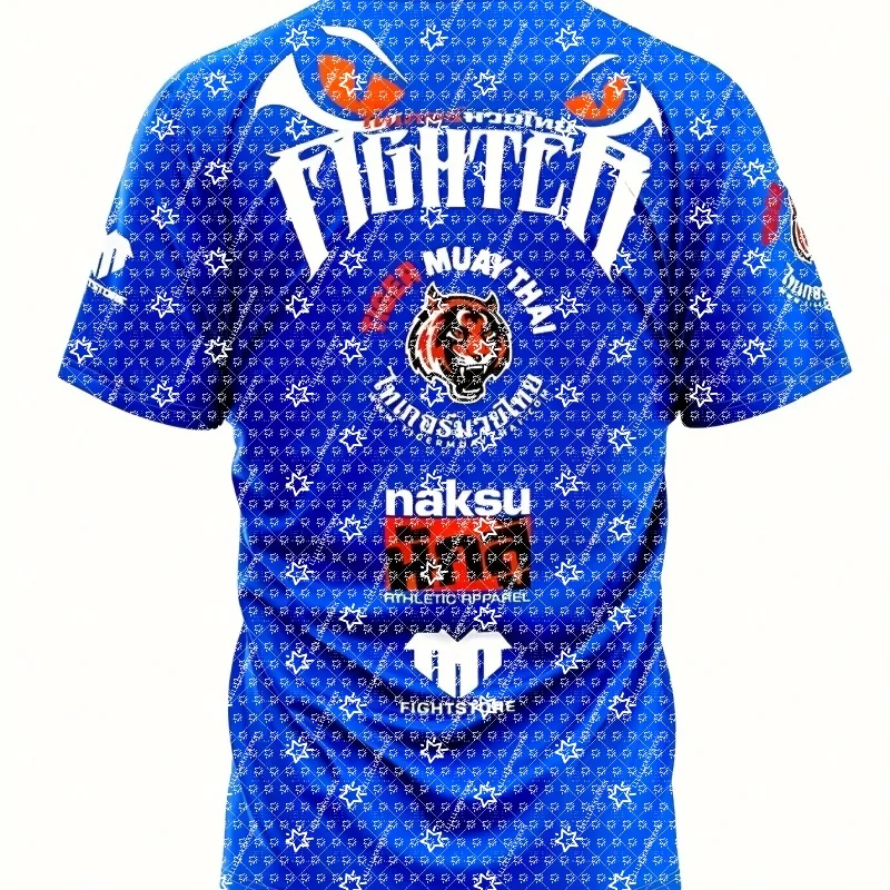 Muay Thai Fighter Graphic Short Sleeve T-shirt Blue All Over Print Unisex Martial Arts Fighting Sports Tee Loose Streetwear Top