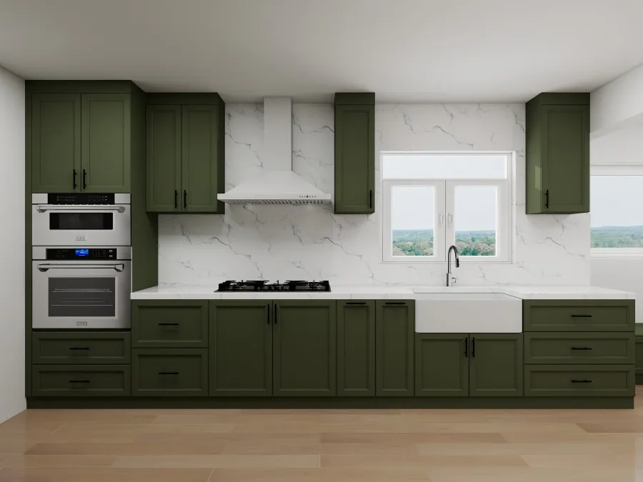 Vintage Olive Green Shaker Custom Kitchen Cabinets Complete Set Freestanding Farm Sink Faucet for Farmhouse Villa Dining