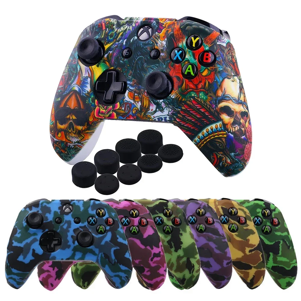 ZOMTOP Silicone Protective Skin Case for XBox One X S Controller Protector Water Transfer Printing Camouflage Cover Grips Caps