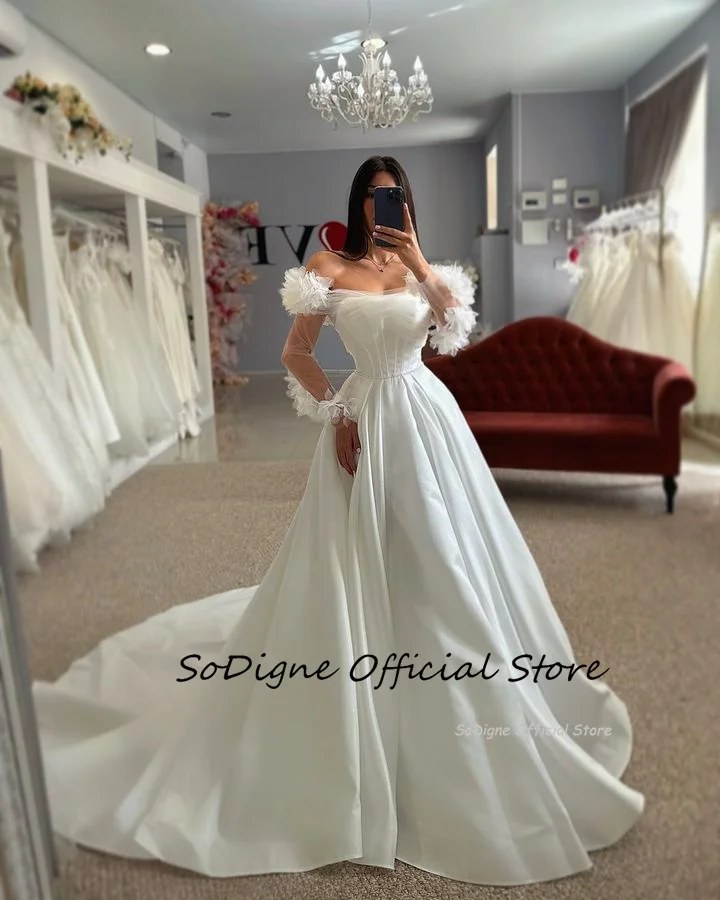 SoDigne A-line Off Shoulder Wedding Dresses Long Sleeves Satin/Tulle Bridal Dress Customized Wedding Gown Robe De Mairee