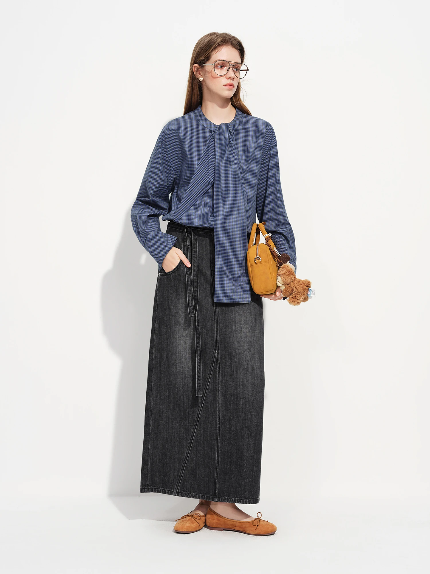 FSLE Jeans Straight Cut Ankle-Length Skirt for Women 2026 Spring New Arrival Collection High-Waisted Long Lenghth Grey Skirts - view 2