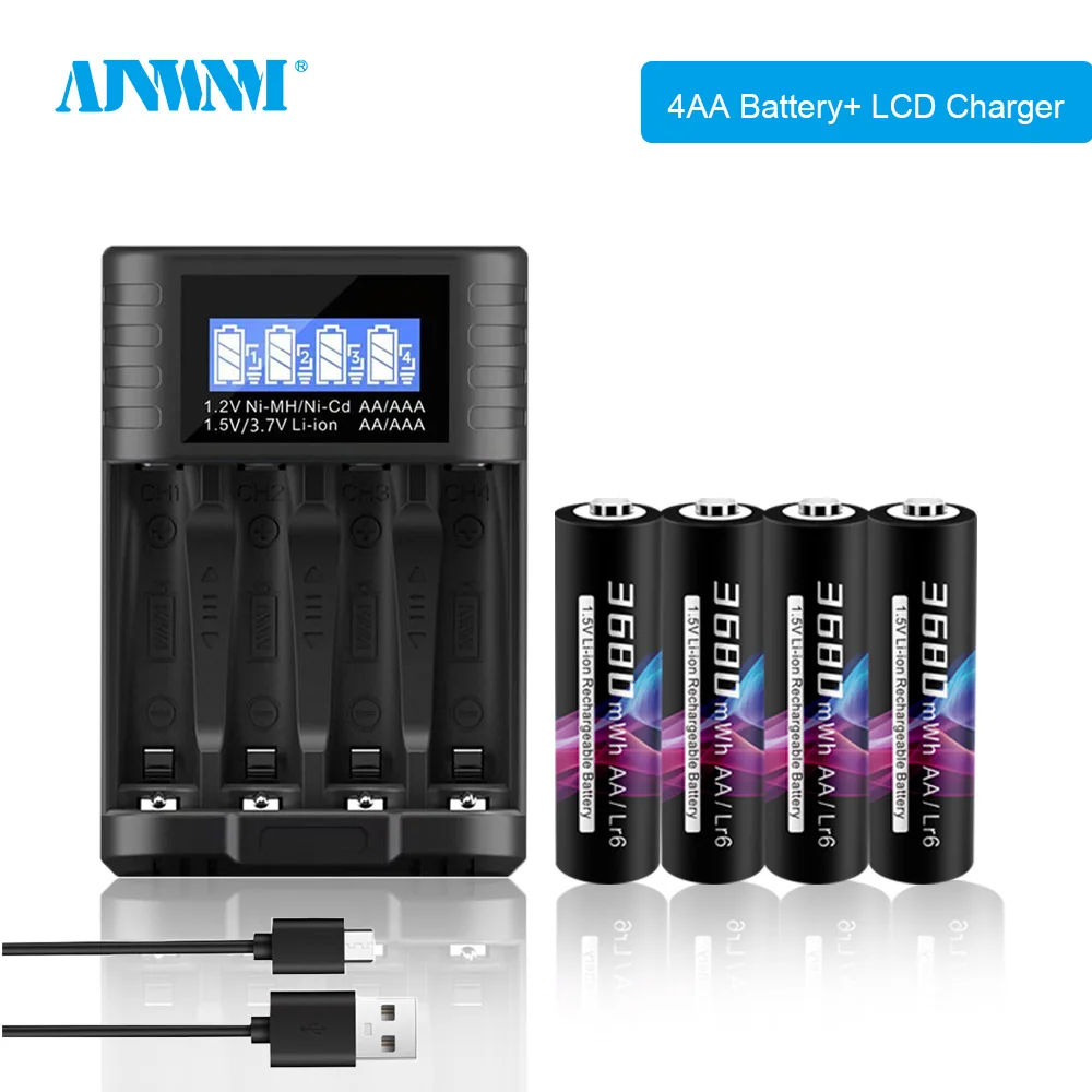 

AJNWNM 1.5V AA Rechargeble Battery 3680mWh Li-Ion AA Battery Rechargeable Batteries For Flashlight Battery AA batteries+charger