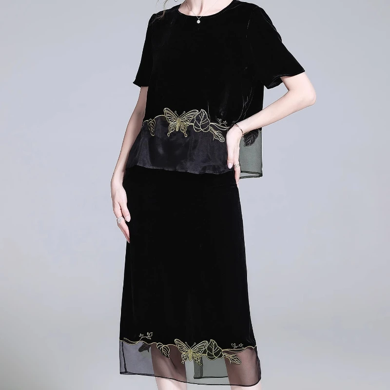 욜란페어리 실크 벨벳 여성용 수트 드레스 가을 패션 출퇴근 자수 라운드넥 티셔츠 실크 수트 세트 스커트 2025