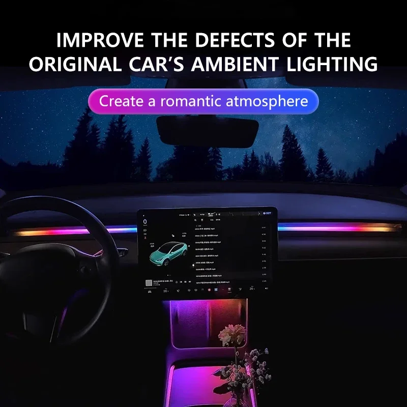 for New Tesla Model Y 3 Highland 116CM RGB Ambient Light Kit Dashboard Center Console Center Stack APP LED Strips Neon Lighting