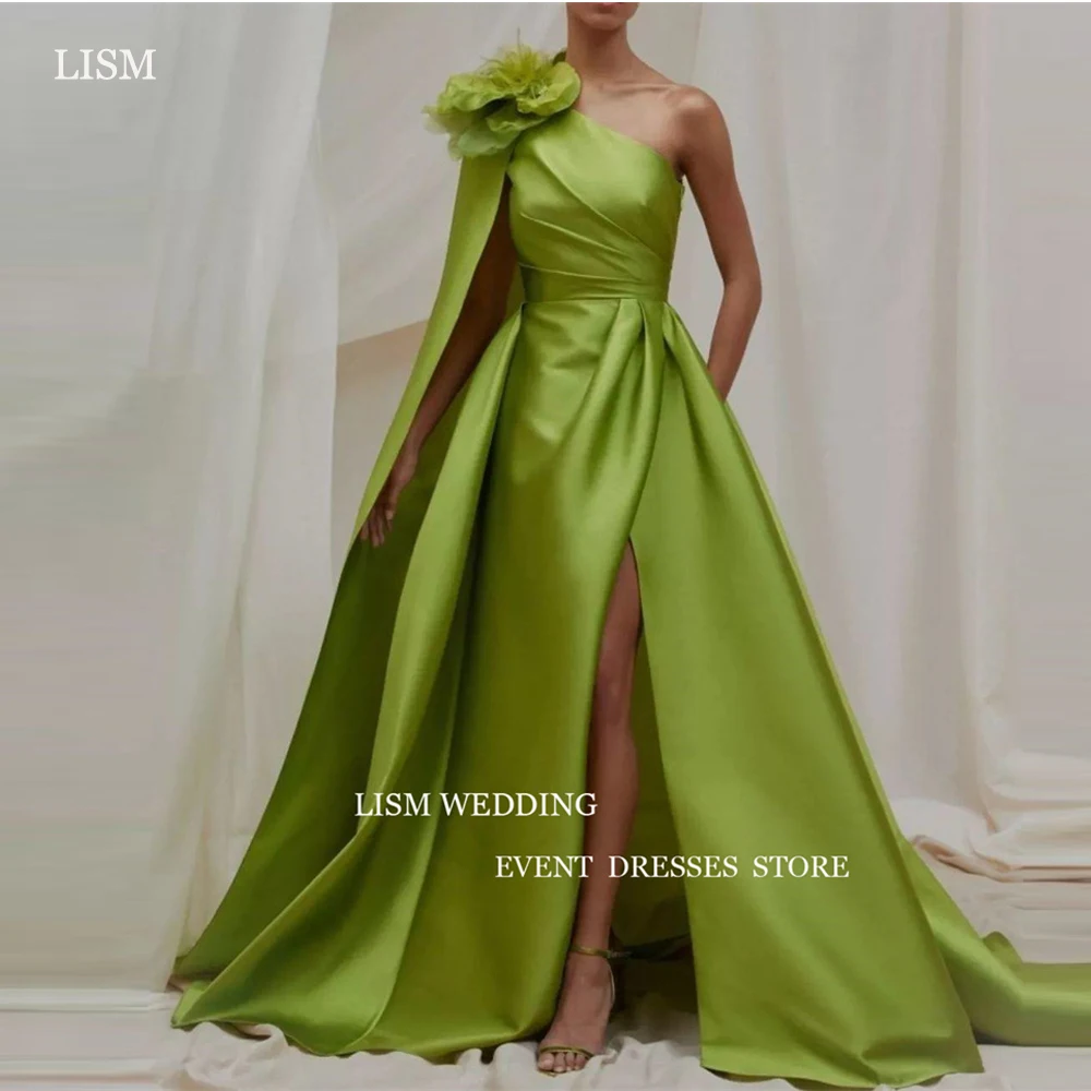 LISM Apple Green Evening Dresses Women One Shoulder Flowers Long Sleeve Split Prom Gowns Formal Party Dress Vestidos de fiesta