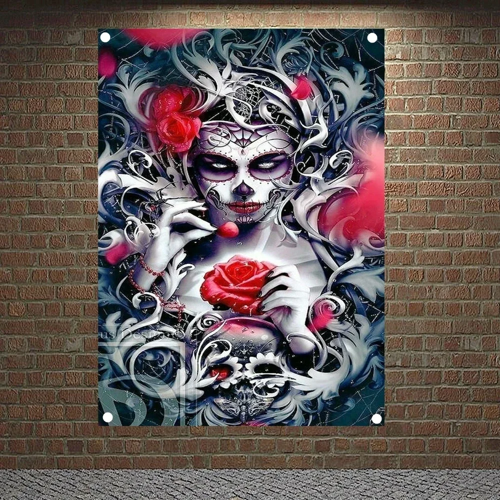 Painted Woman Death Art Banner Canvas Painting Chicano Tattoo Art Posters Wall Hanging Flag Wall Sticker Home Decor Tapestry