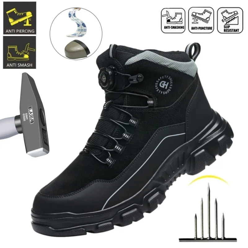 Men's Steel Head Rotating Buckle Air Cushion Work Shoes, Men's Anti Slip And Puncture Resistant Industrial Protective Boots