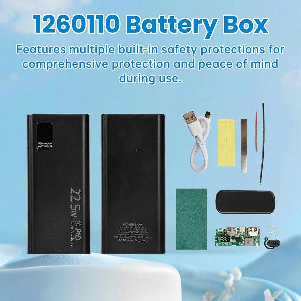 22.5W Fast Charging Module Power Bank Battery Holder 2* 1260110 Quick Charge PD Battery Holder Power Bank Case DIY Shell