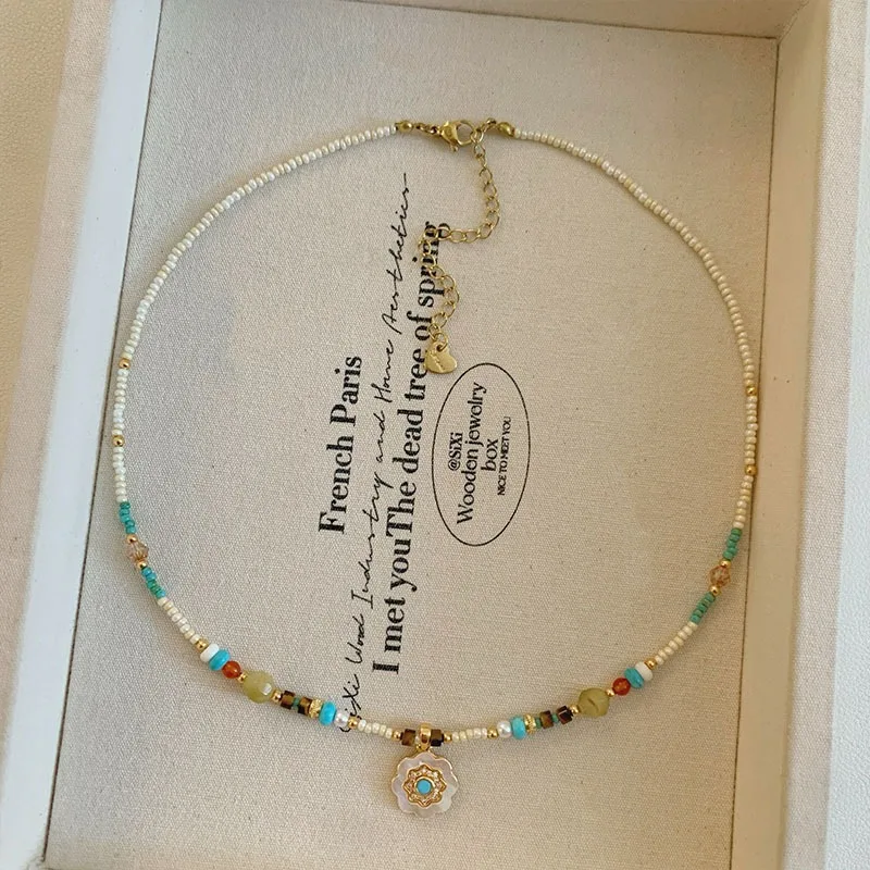 مينار البوهيمي الملونة الحجر الطبيعي فريتيلاريا ميوكي تريند عباد الشمس مطرز قلادة القلائد للنساء سيدة ستراند المختنقون