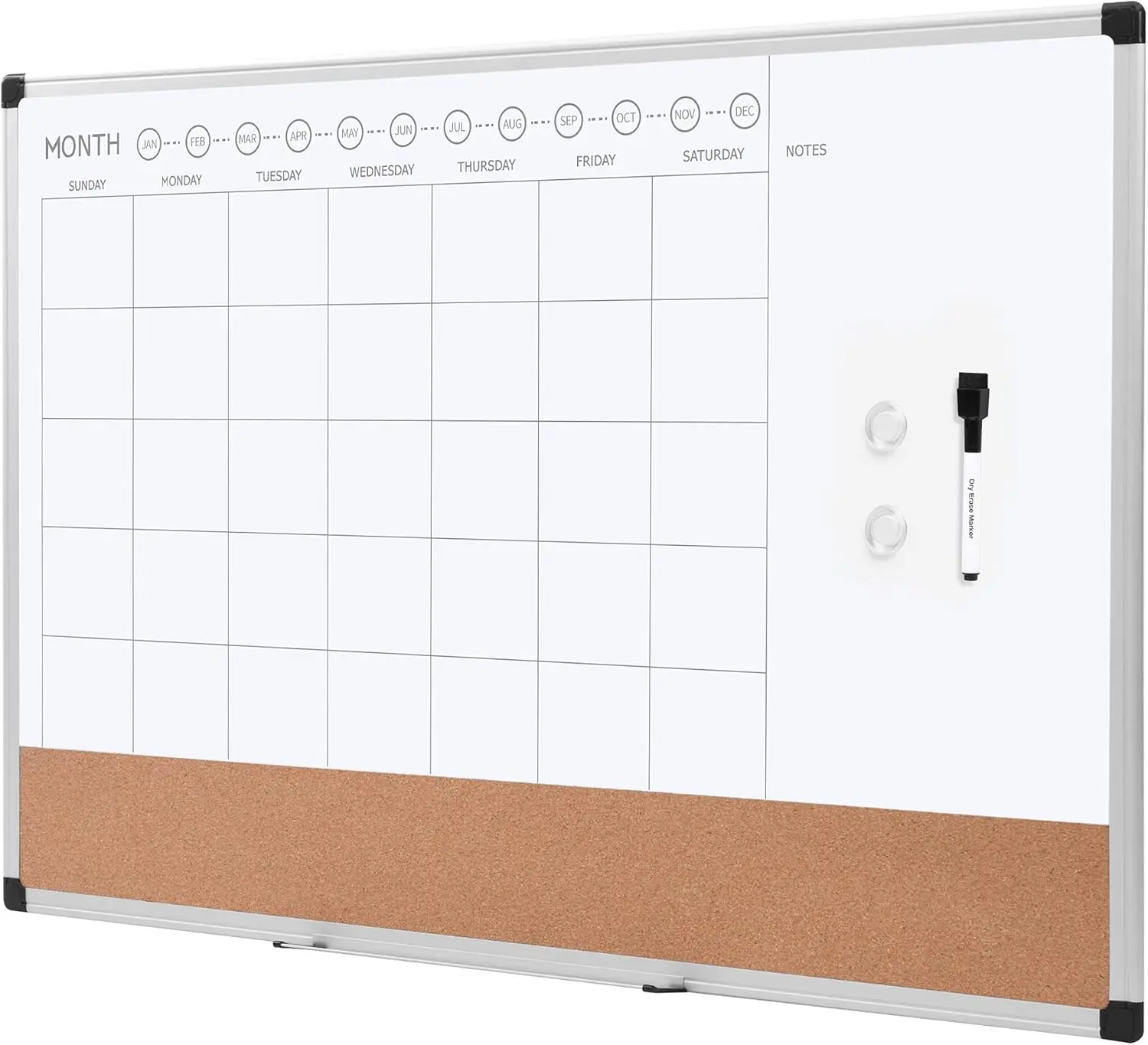 

24x36 Monthly Whiteboard Calendar with Cork Board, Dry Erase Magnetic Board for Wall, Silver Aluminum Frame