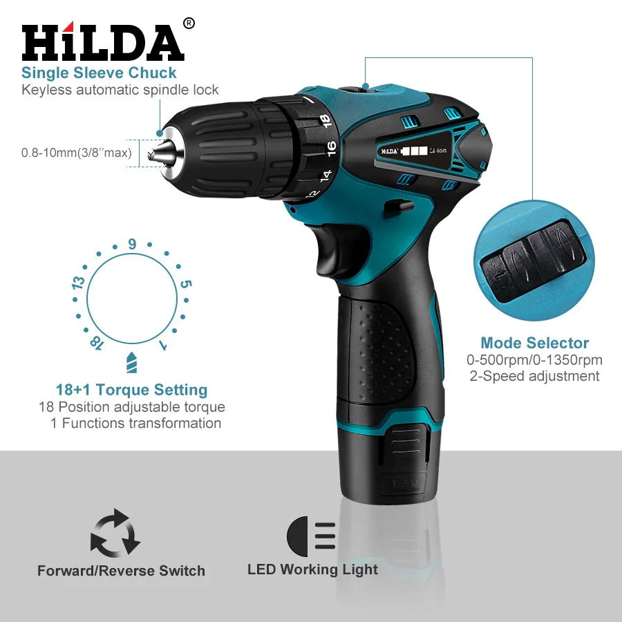 Hilda 12 v cordless electric screwdriver two-speed rechargeable lithium battery LED lights 2 PCS waterproof hand electric drill