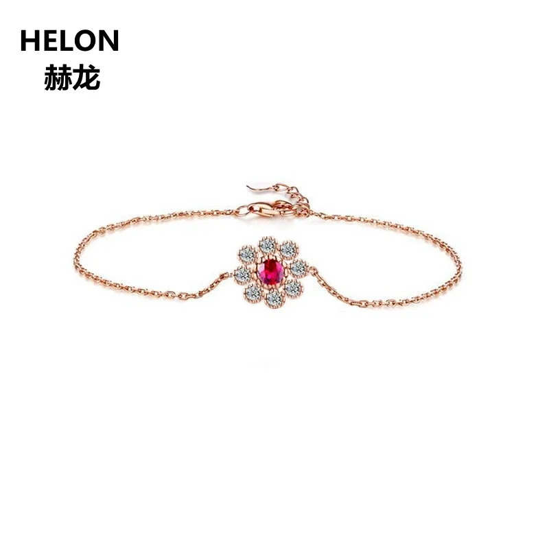 

Solid 18k Rose Gold Natural Diamonds Bracelet for Women Natural Ruby Chain Link Flower Shape 16cm+2cm Length