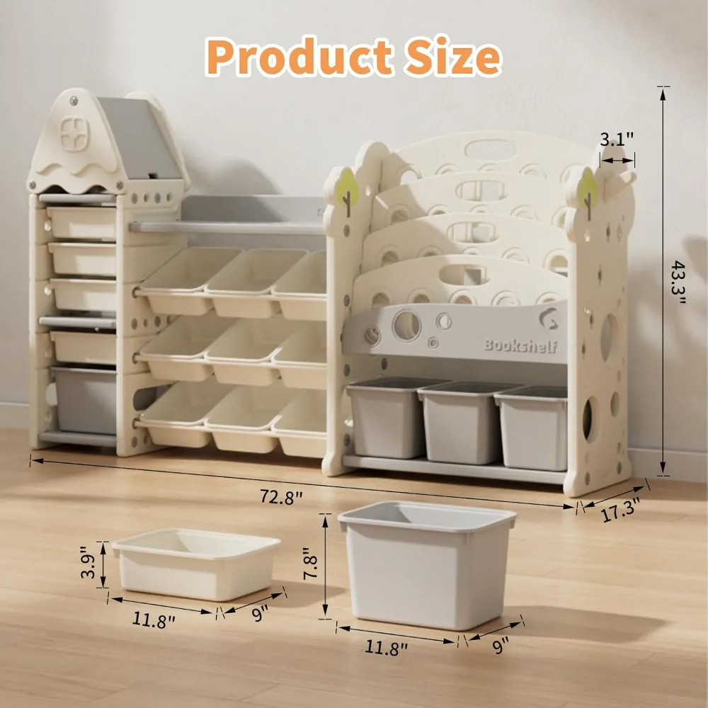 Kids Toy Storage Organizer with 17 Removable Bins, 4-Tier Bookshelf for Kids, Multi-Purpose Castle-Shaped Toy Organizer(Beige)