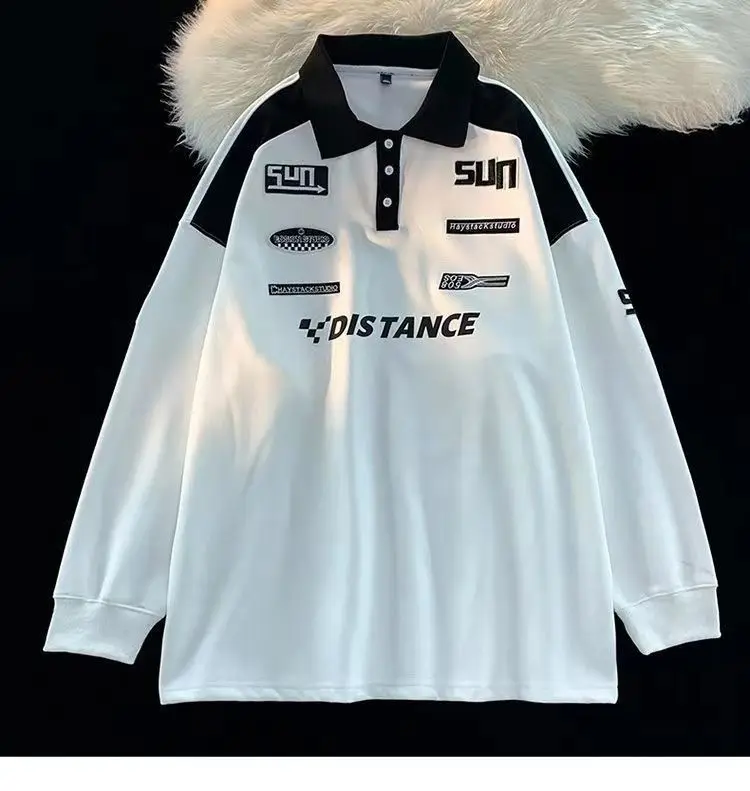 American retro national fashion brand, black and white spliced lapel sweatshir niche high street racing suit jacket y2k ins emo