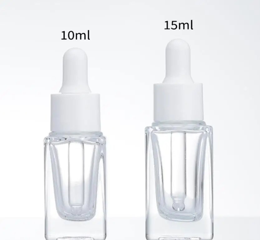 Clear Square Glass Dropper Bottle Essential Oil Perfume Bottle 15ml with White/Black/Gold/Silver Cap ni81