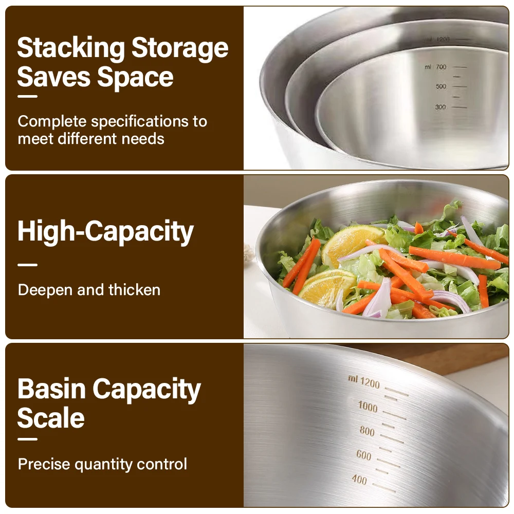 3 قطعة أوعية خلط من الفولاذ المقاوم للصدأ للخبز والطبخ والسلطة والطعام سهلة الإمساك أوعية معدنية كبيرة متوسطة وصغيرة للمطبخ المنزلي