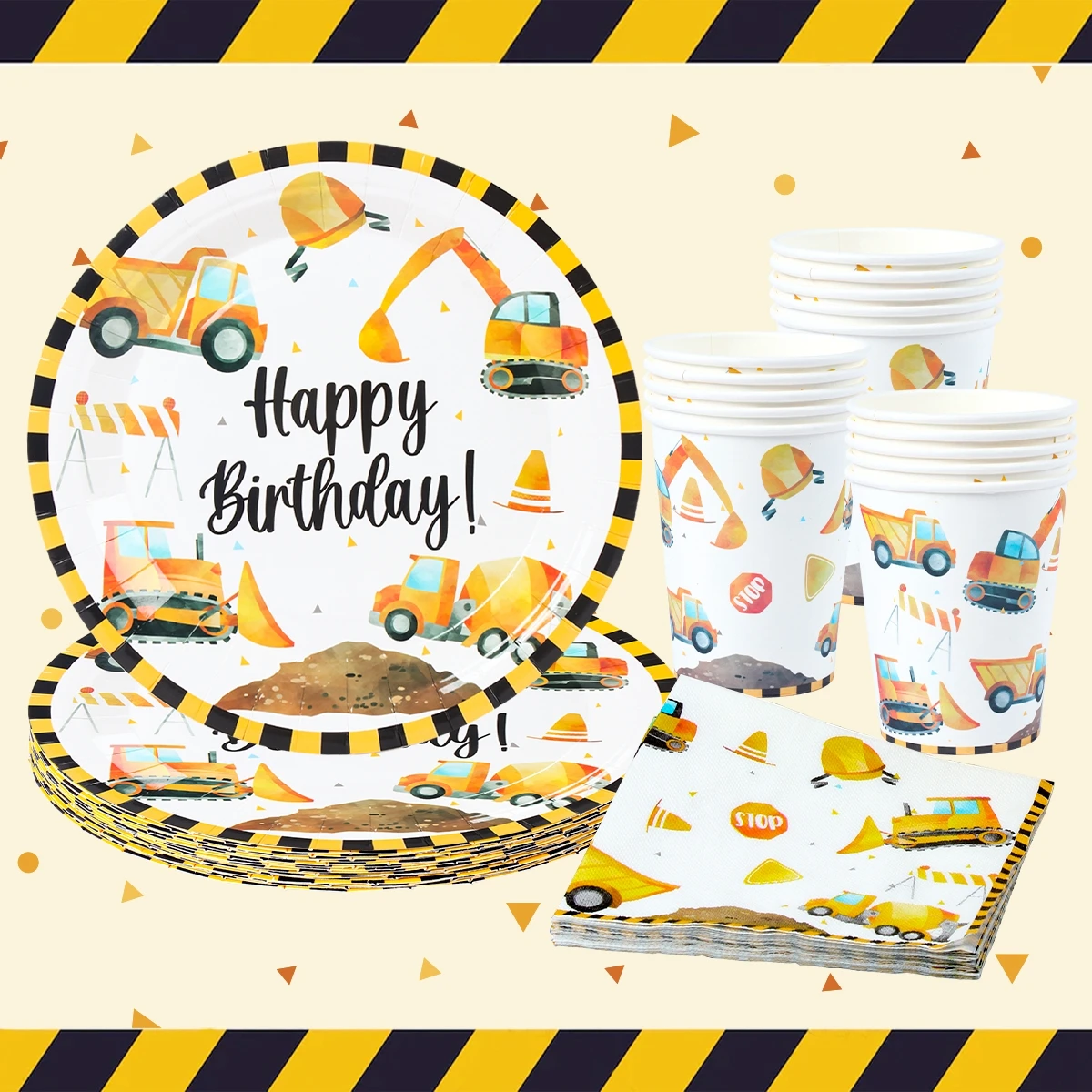 【セール中】建設パーティー使い捨て食器誕生日装飾男の子ベビーシャワー掘削機トラックトラクター建設誕生日装飾