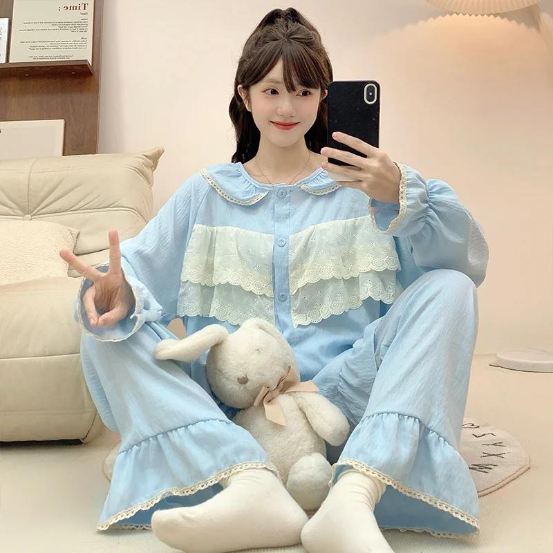 

Large-size pajamas women's spring and autumn solid color lace simple cardigan doll collar long-sleeved trousers homewear set