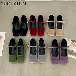 SUOJIALUN 2023 Spring New Women Flat Shoes Square Toe Shallow Buckle Ladies Elegant Sole Ballte Shoes Casual Loafers Shoes