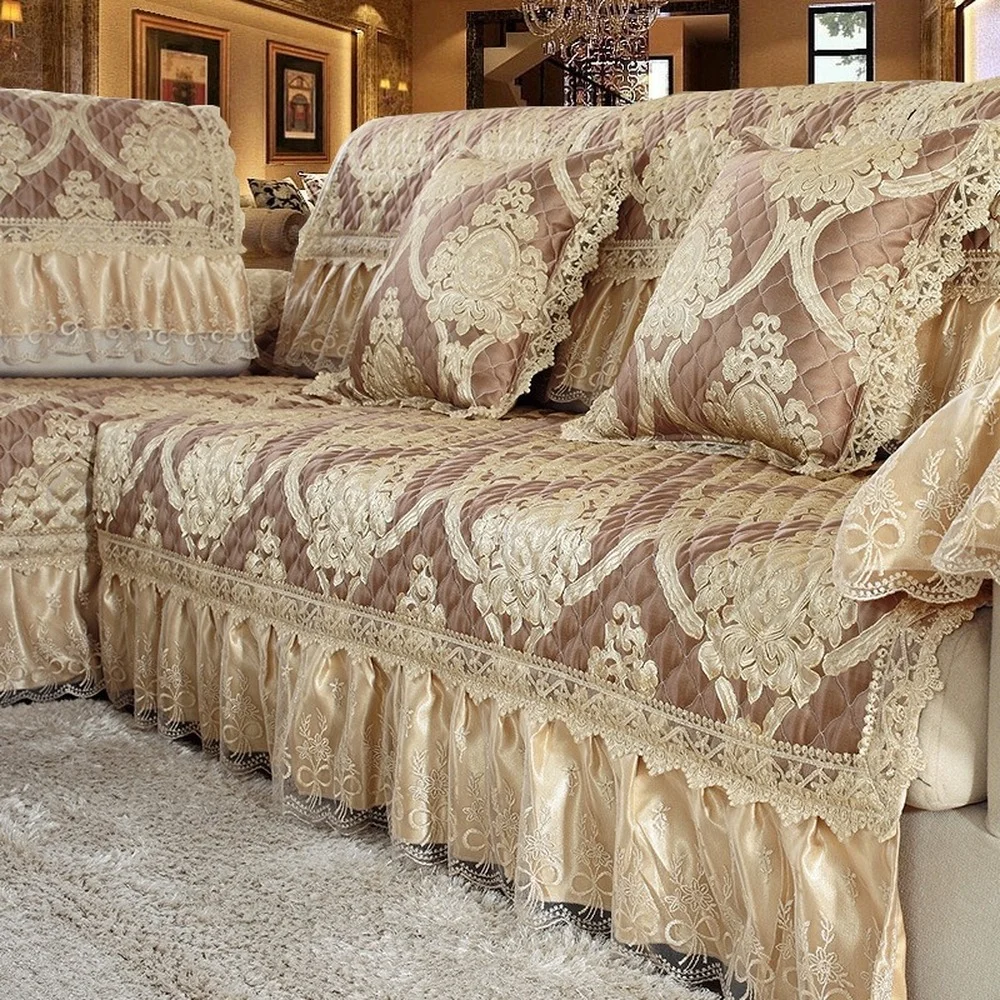 

European Golden Luxury Sofa Cover Exquisite Jacquard Furniture Cover Linen Lace Living Room Sofa Slipcover Cushion Pillowcase