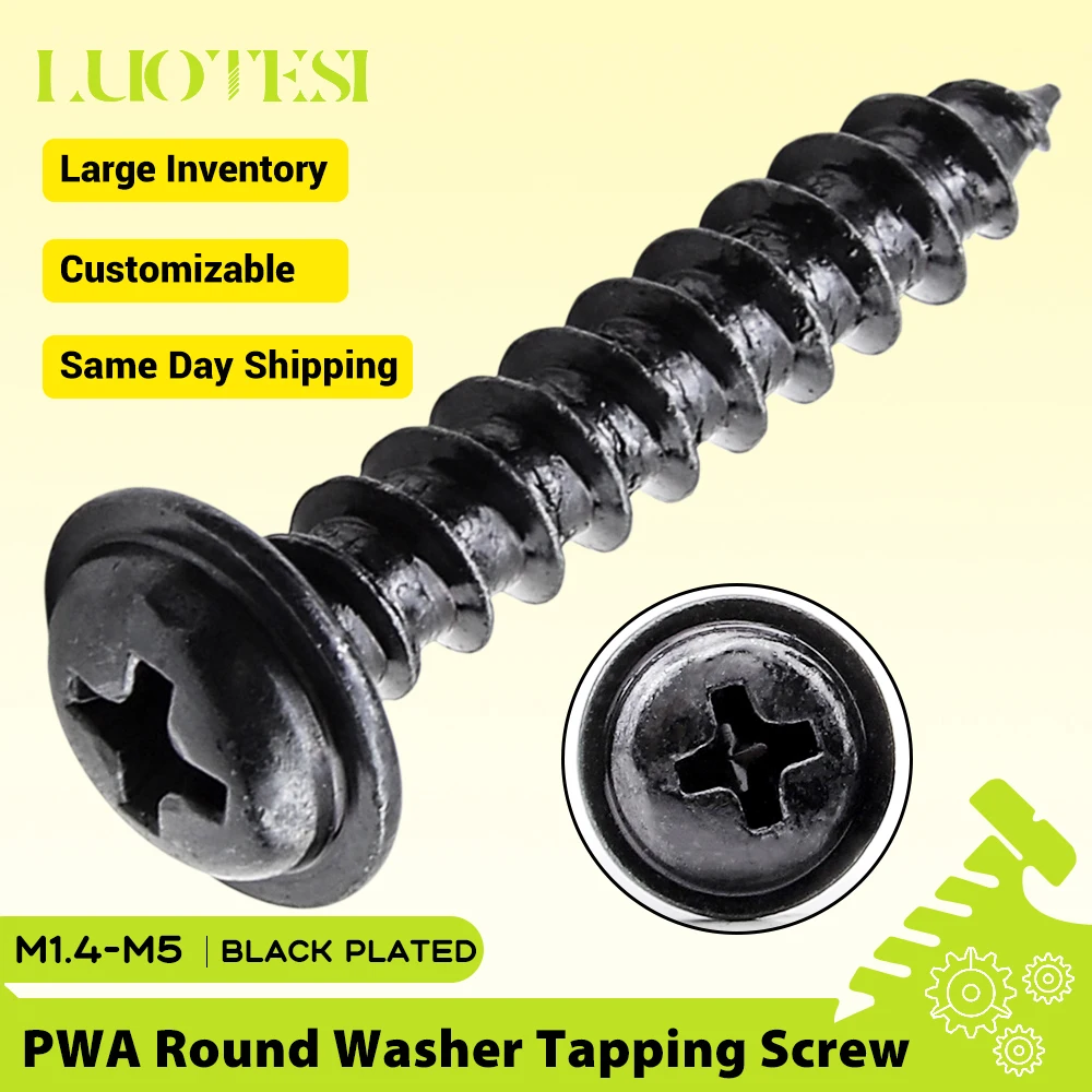 Tornillo Autorroscante PWA de Cabeza Redonda con Cojinete, Recubrimiento Negro, M1.7 M2 M2.3 M2.6 M3 M3.5 M4 M5, Cabeza Pan con Arandela