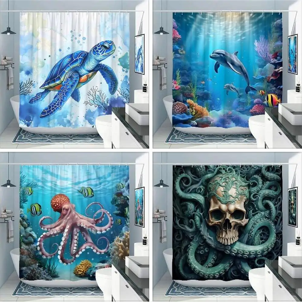 

Octopus Shower Curtain Ocean Sea Green Cool Animals Nautical Wildlife Tentacle Heat Tropics Underwater World Polyester Bath Deco