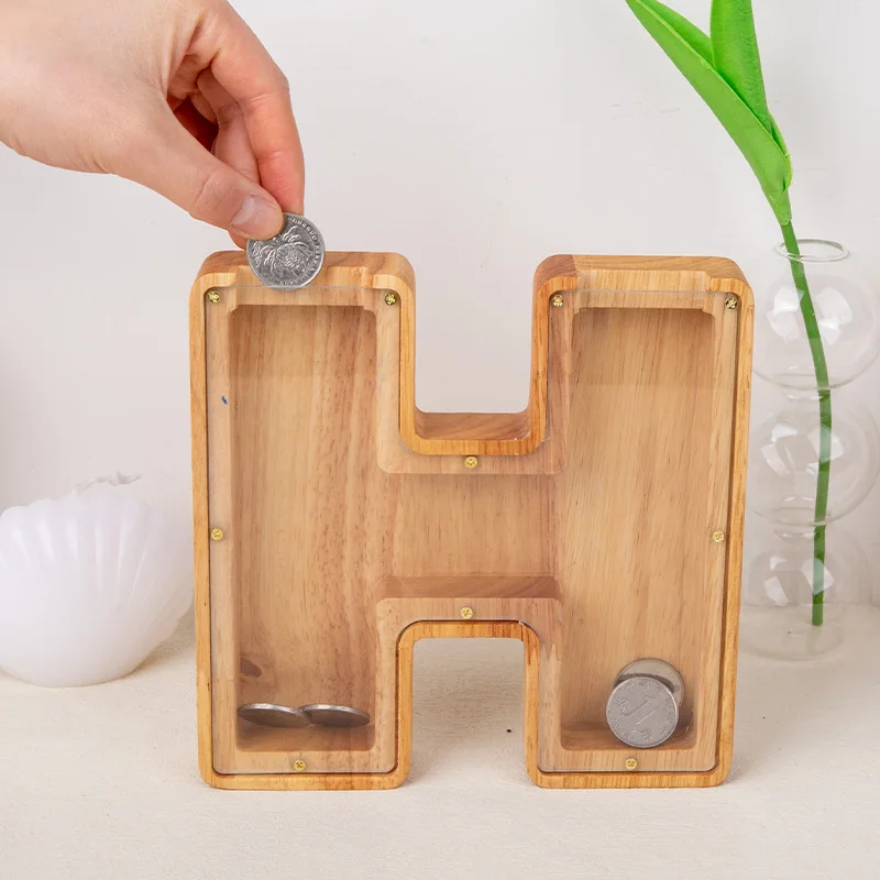 

26 Letters Shaped Wooden Piggy Bank - Transparent Alphabet Money Box Eco-Friendly Christmas Gift for Kids
