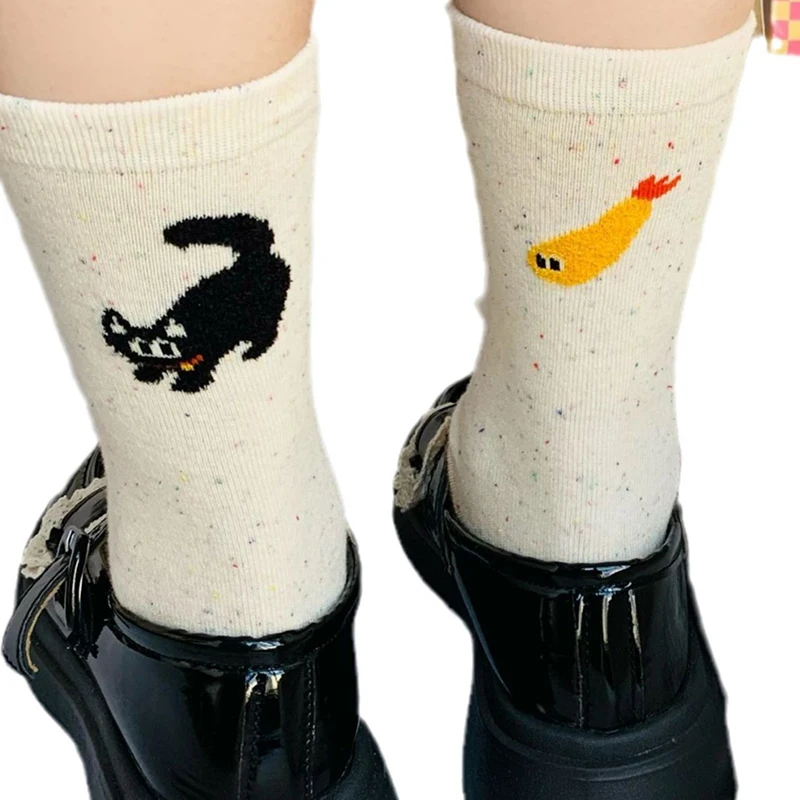 2024 New Autumn Winter Vintage Dot Women Socks Cute Cartoon Cat Fish Pattern Middle Tube Socks Soft Thermal Warm Crew Sock