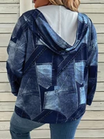 Plus Size Women's Denim Patchwork Hoodie, Zip - Up, Casual Fall & Daily Outfit，fashion long-sleeve women‘s Sweatshirt - Image 3