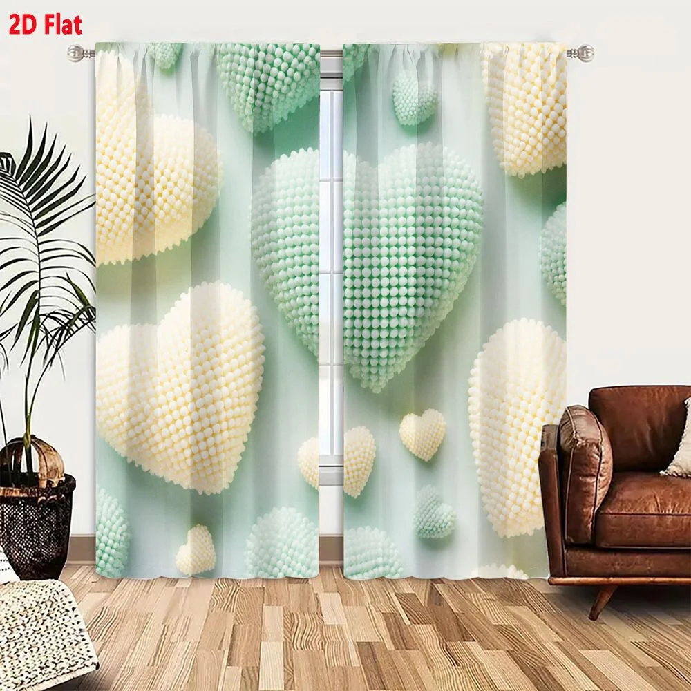 2Pcs Curtains 2D Flat Heart - Shaped Beaded Decoration Pastel Mint Green And Cream White Heart Arrangement On Light Background W 2