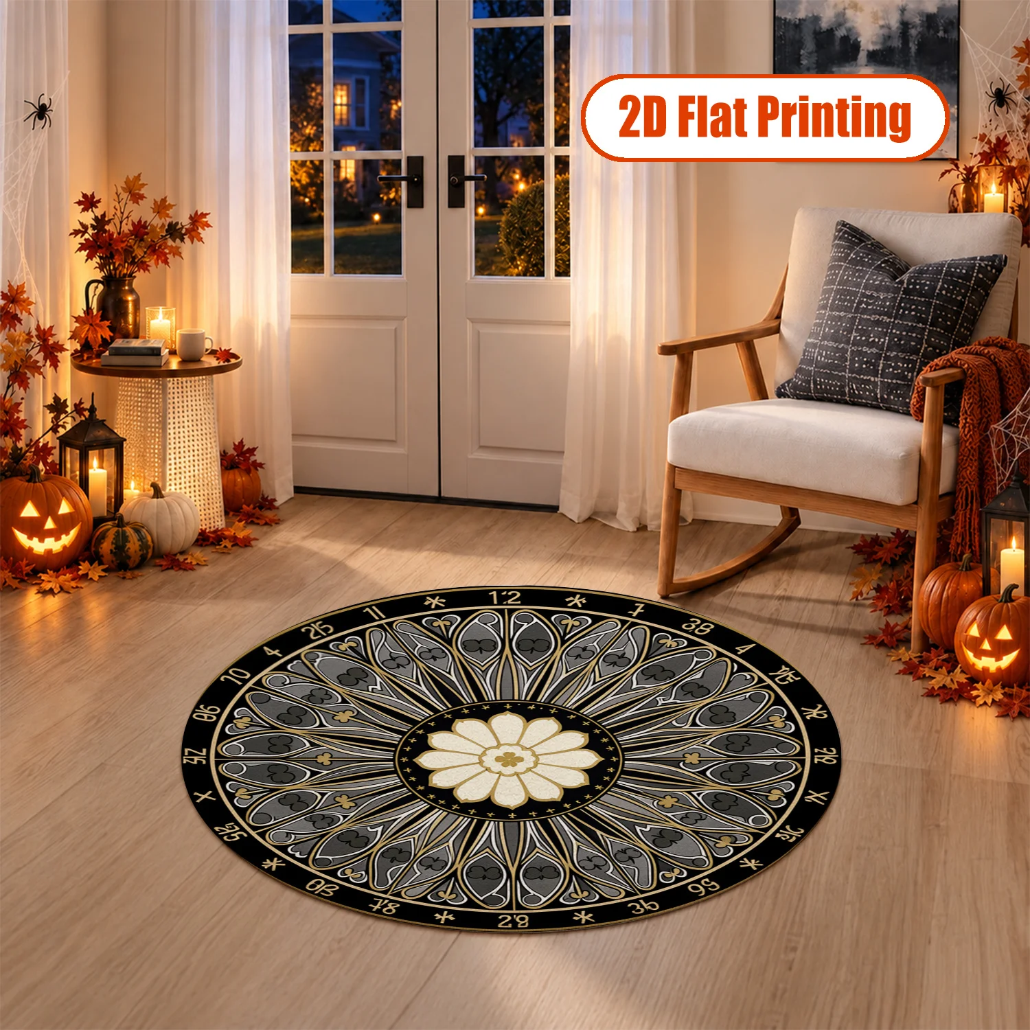 Stained Glass Floral Mandala Circular Decorative Area Rug Velvet Machine Washable Stays Firmly In Place For Living Room Bedroom Dining Area Entryway Perfect For Halloween Thanksgiving Black Friday Christmas New Year Home Accent